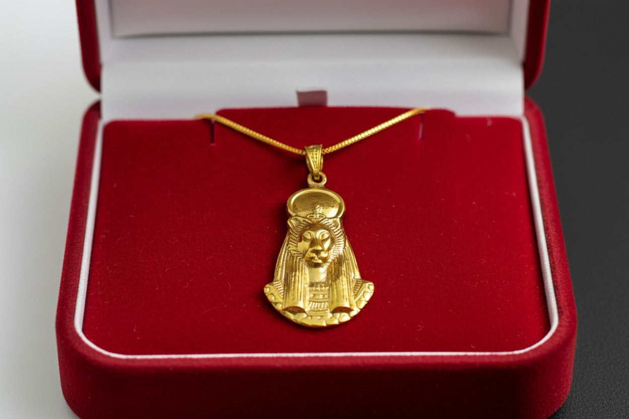 Gold Sekhmet Pendant, Egyptian Revival Necklace, Divine Talisman