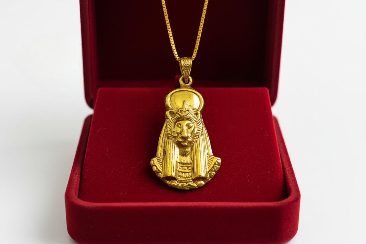 Gold Sekhmet Pendant, Egyptian Revival Necklace, Divine Talisman