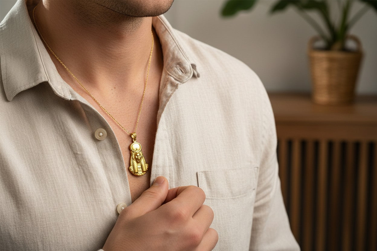 Gold Sekhmet Pendant, Egyptian Revival Necklace, Divine Talisman