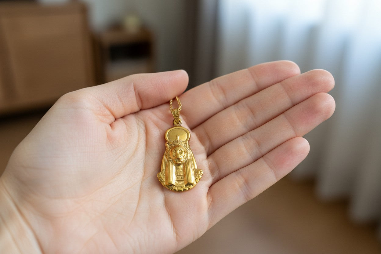 Gold Sekhmet Pendant, Egyptian Revival Necklace, Divine Talisman