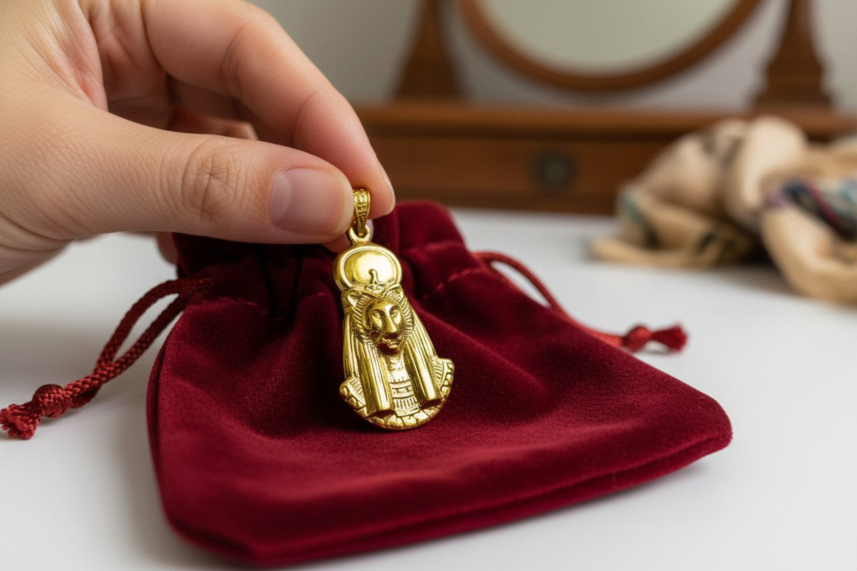Gold Sekhmet Pendant, Egyptian Revival Necklace, Divine Talisman