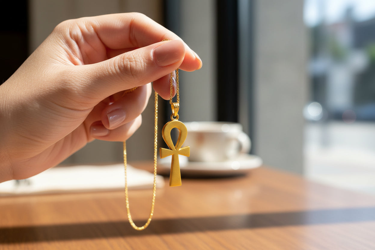 Gold Ankh Pendant, Egyptian Key of Life Talisman Necklace