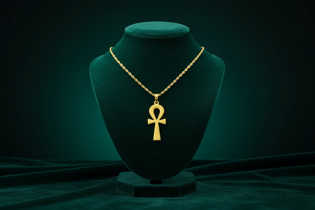 Gold Ankh Pendant, Egyptian Key of Life Talisman Necklace