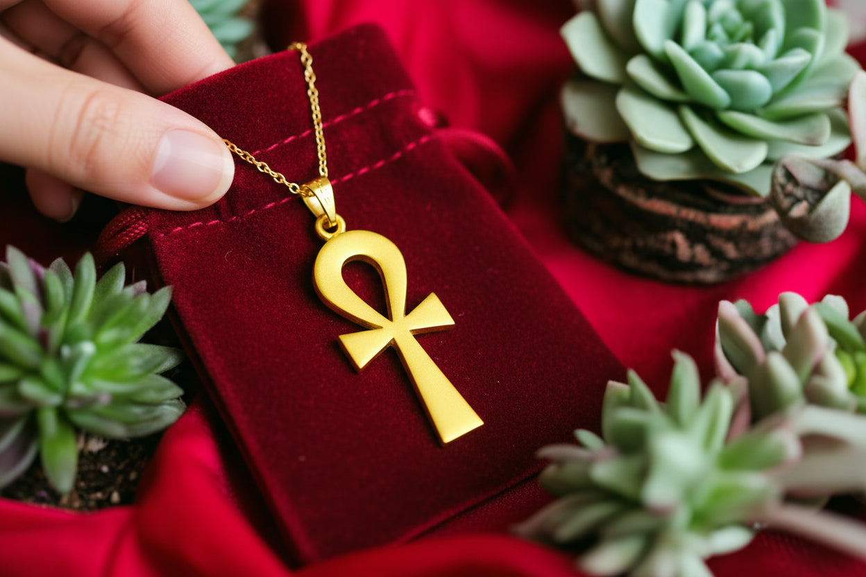 Gold Ankh Pendant, Egyptian Key of Life Talisman Necklace