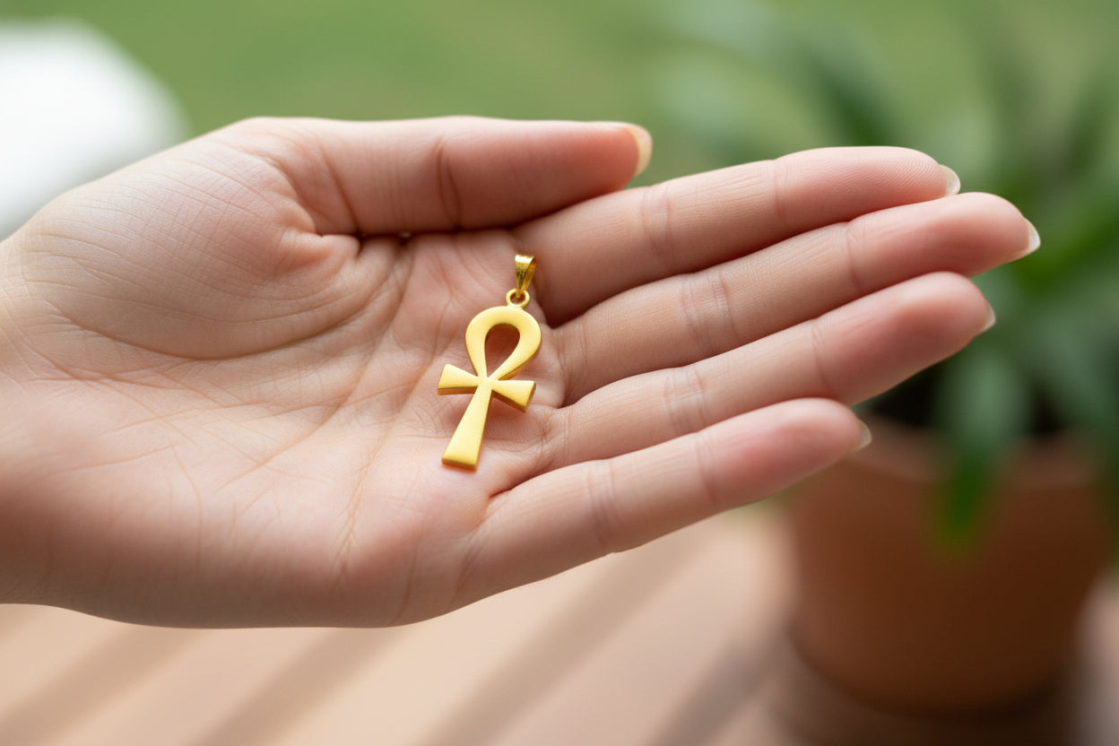 Gold Ankh Pendant, Egyptian Key of Life Talisman Necklace