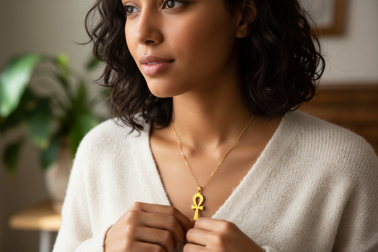Gold Ankh Pendant, Egyptian Key of Life Talisman Necklace