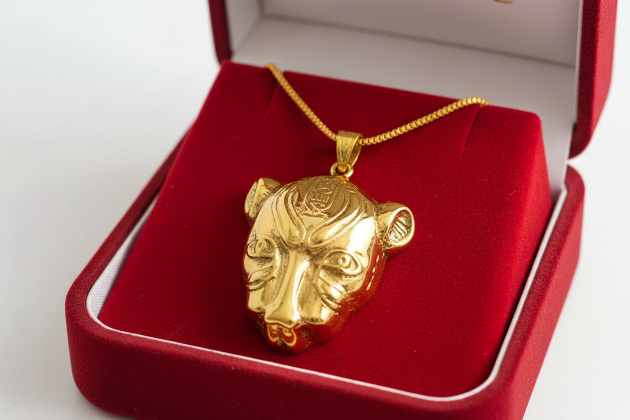 Gold Sekhmet Pendant, Egyptian Revival Lioness Necklace