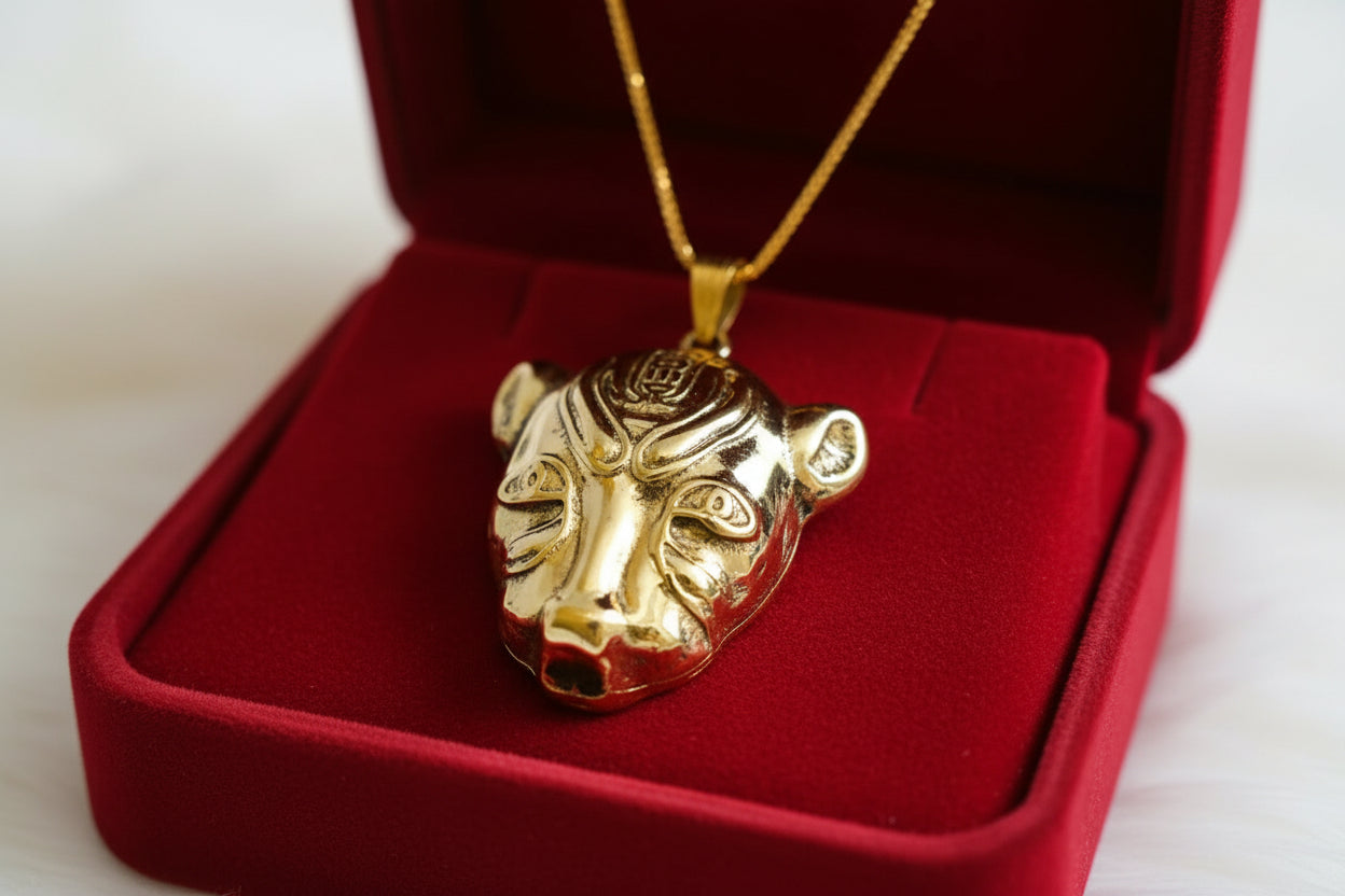 Gold Sekhmet Pendant, Egyptian Revival Lioness Necklace