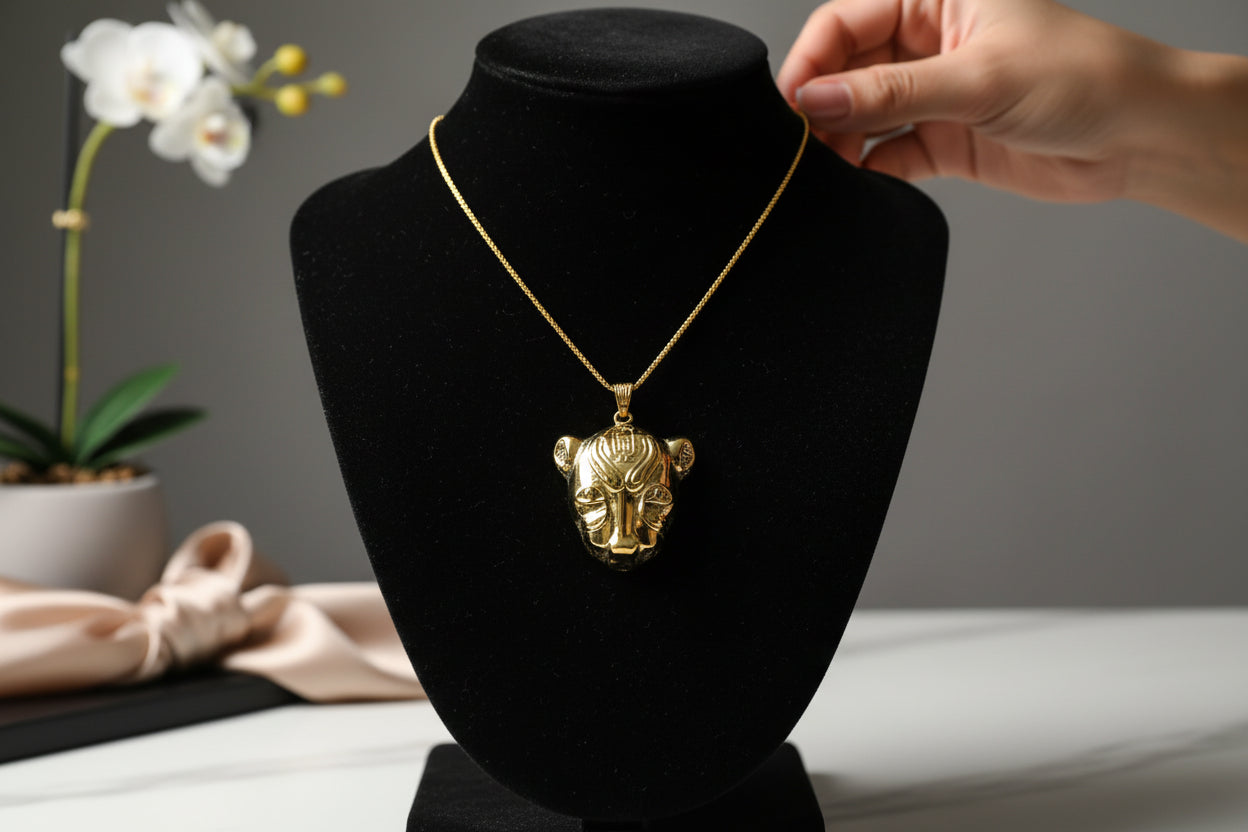 Gold Sekhmet Pendant, Egyptian Revival Lioness Necklace