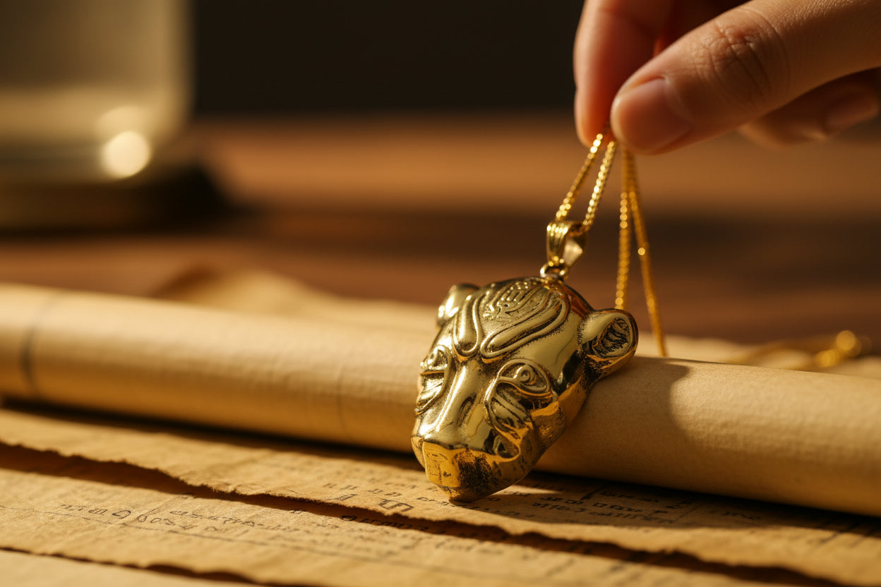 Gold Sekhmet Pendant, Egyptian Revival Lioness Necklace