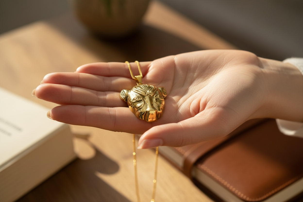 Gold Sekhmet Pendant, Egyptian Revival Lioness Necklace