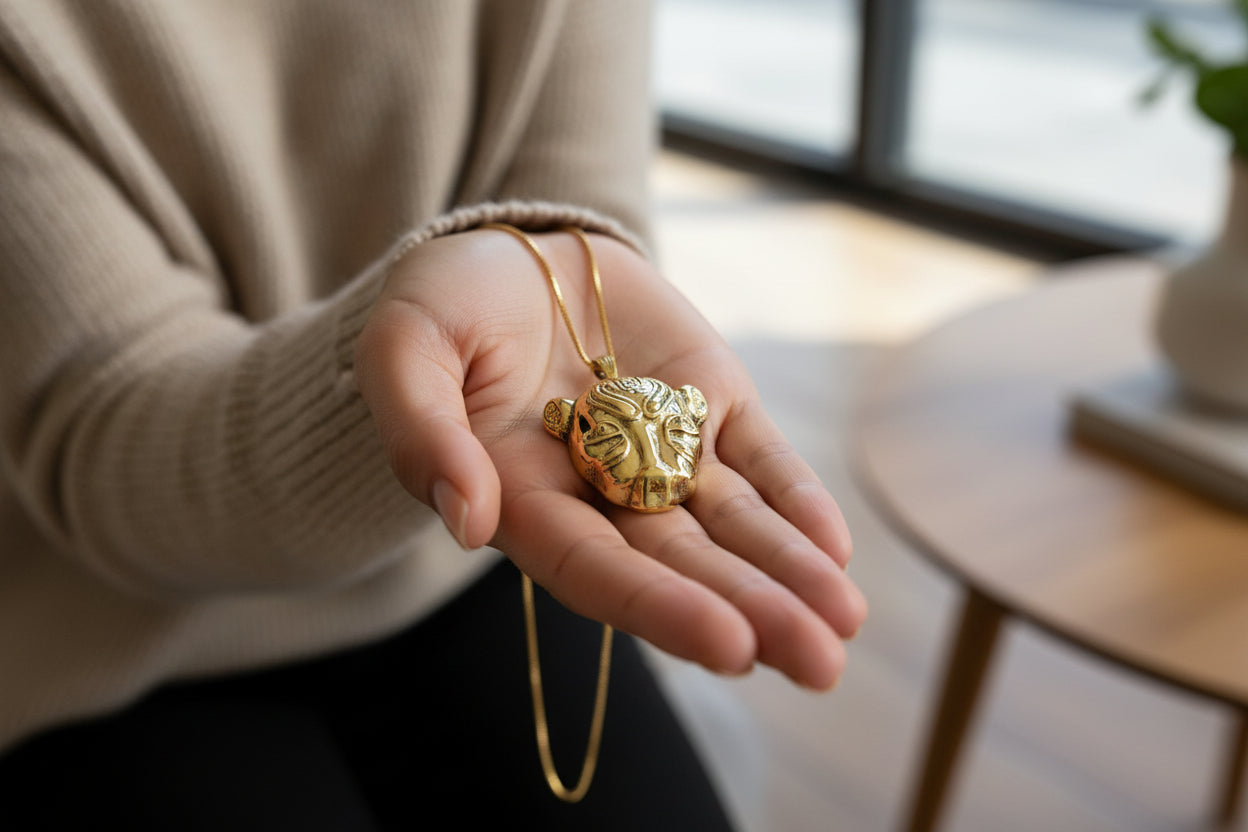 Gold Sekhmet Pendant, Egyptian Revival Lioness Necklace