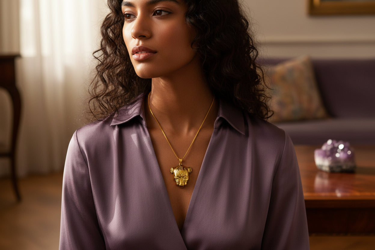 Gold Sekhmet Pendant, Egyptian Revival Lioness Necklace