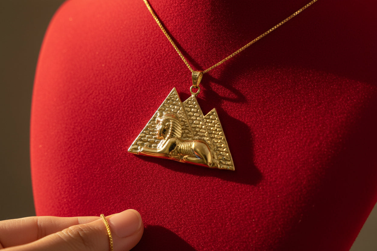 Gold Giza Pyramid Sphinx Necklace, Ancient Egyptian Spiritual Talisman