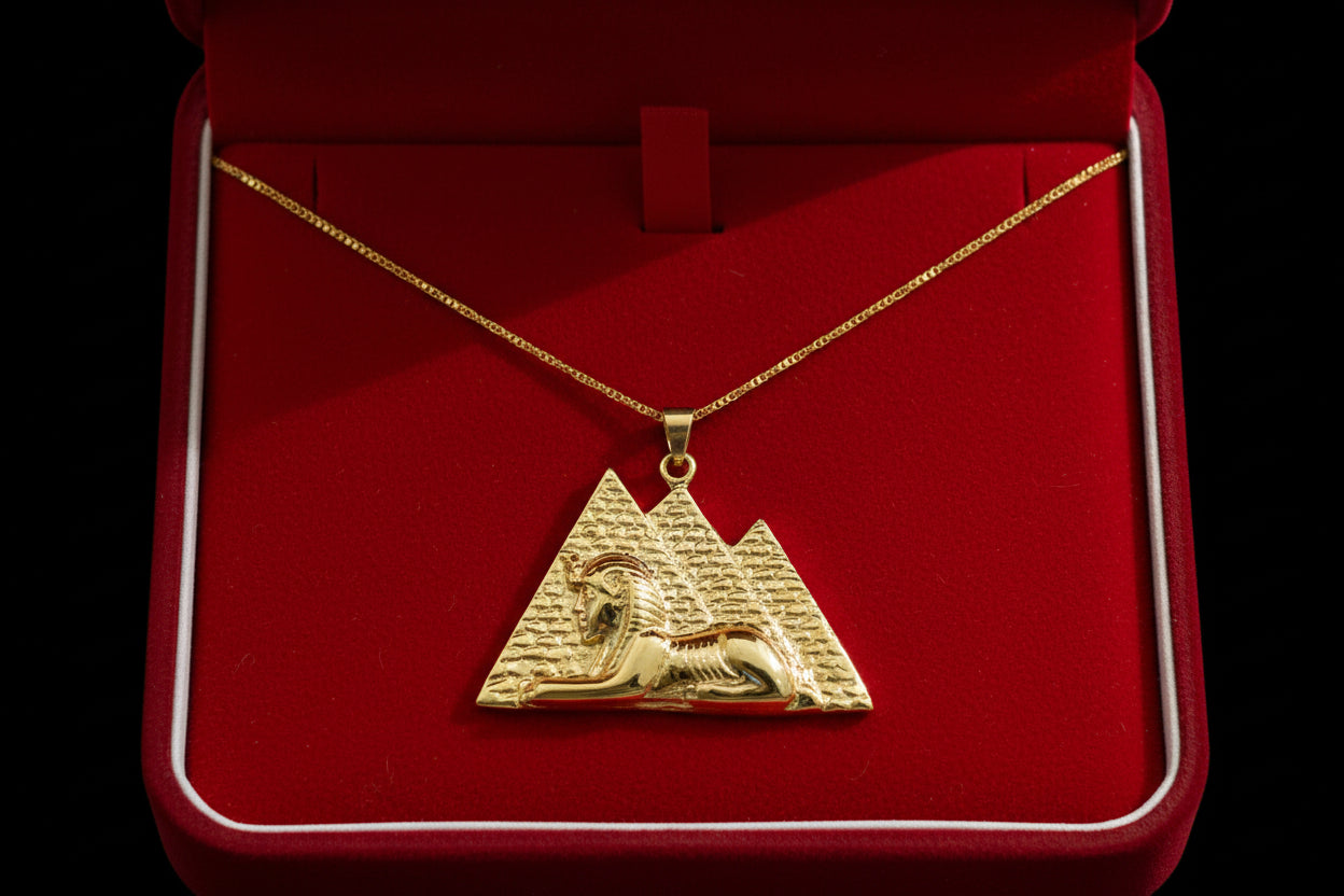 Gold Giza Pyramid Sphinx Necklace, Ancient Egyptian Spiritual Talisman