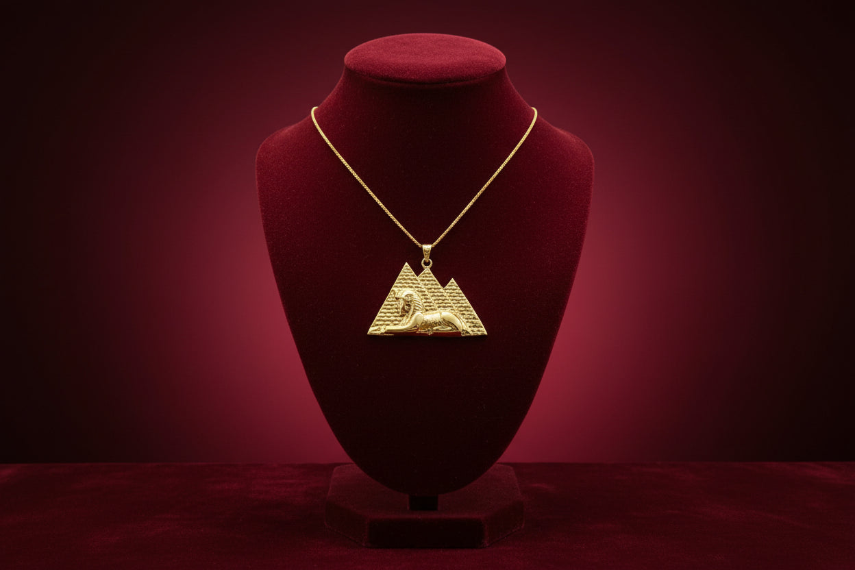 Gold Giza Pyramid Sphinx Necklace, Ancient Egyptian Spiritual Talisman
