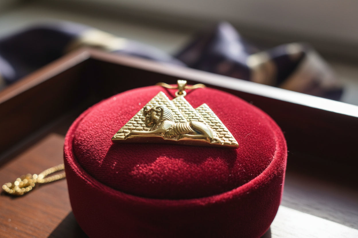 Gold Giza Pyramid Sphinx Necklace, Ancient Egyptian Spiritual Talisman
