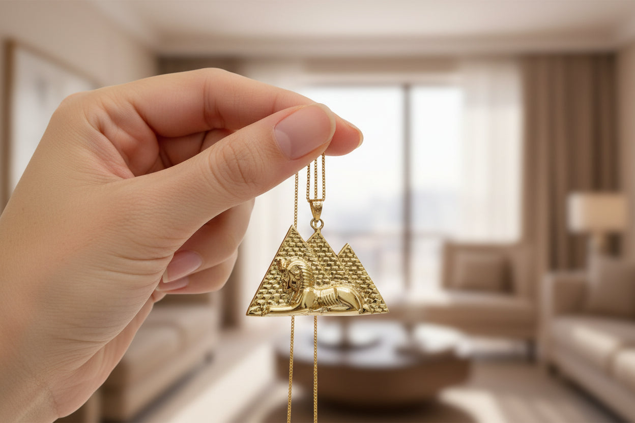 Gold Giza Pyramid Sphinx Necklace, Ancient Egyptian Spiritual Talisman