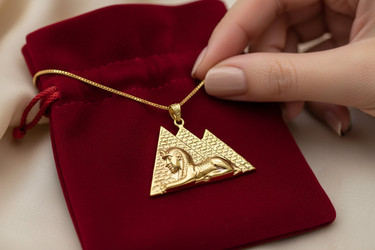 Gold Giza Pyramid Sphinx Necklace, Ancient Egyptian Spiritual Talisman