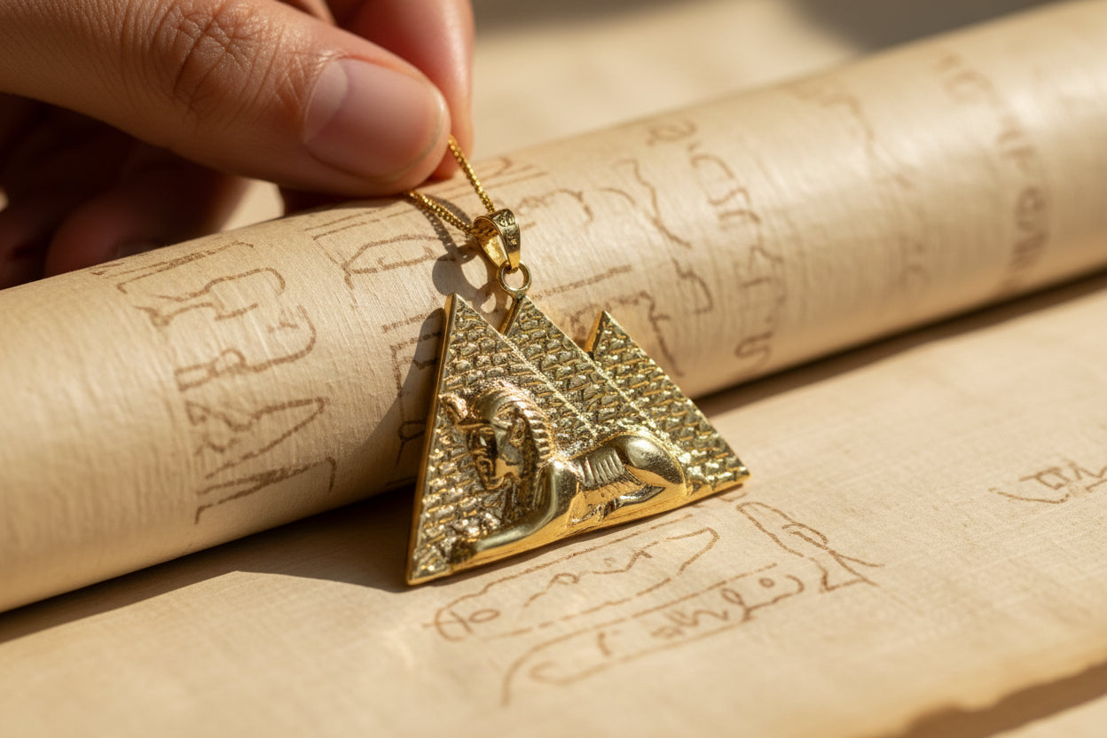 Gold Giza Pyramid Sphinx Necklace, Ancient Egyptian Spiritual Talisman
