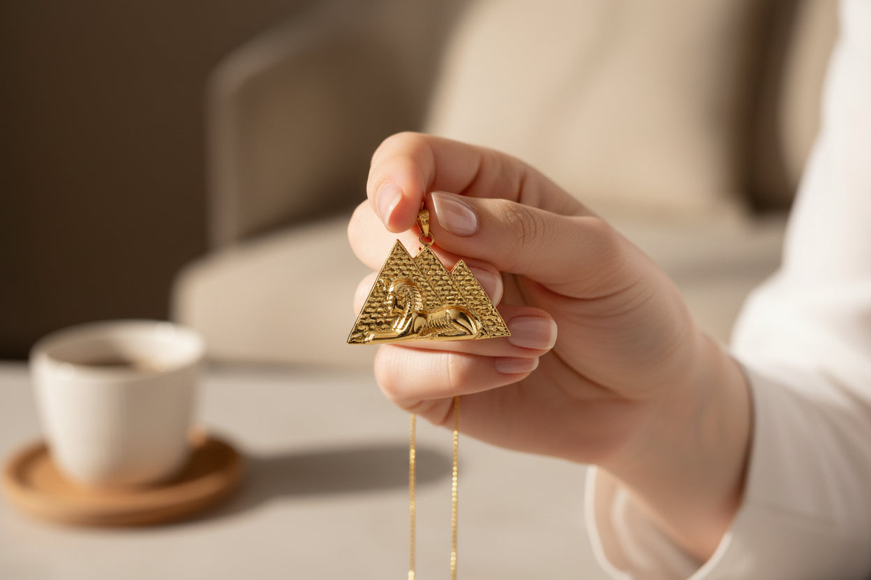 Gold Giza Pyramid Sphinx Necklace, Ancient Egyptian Spiritual Talisman