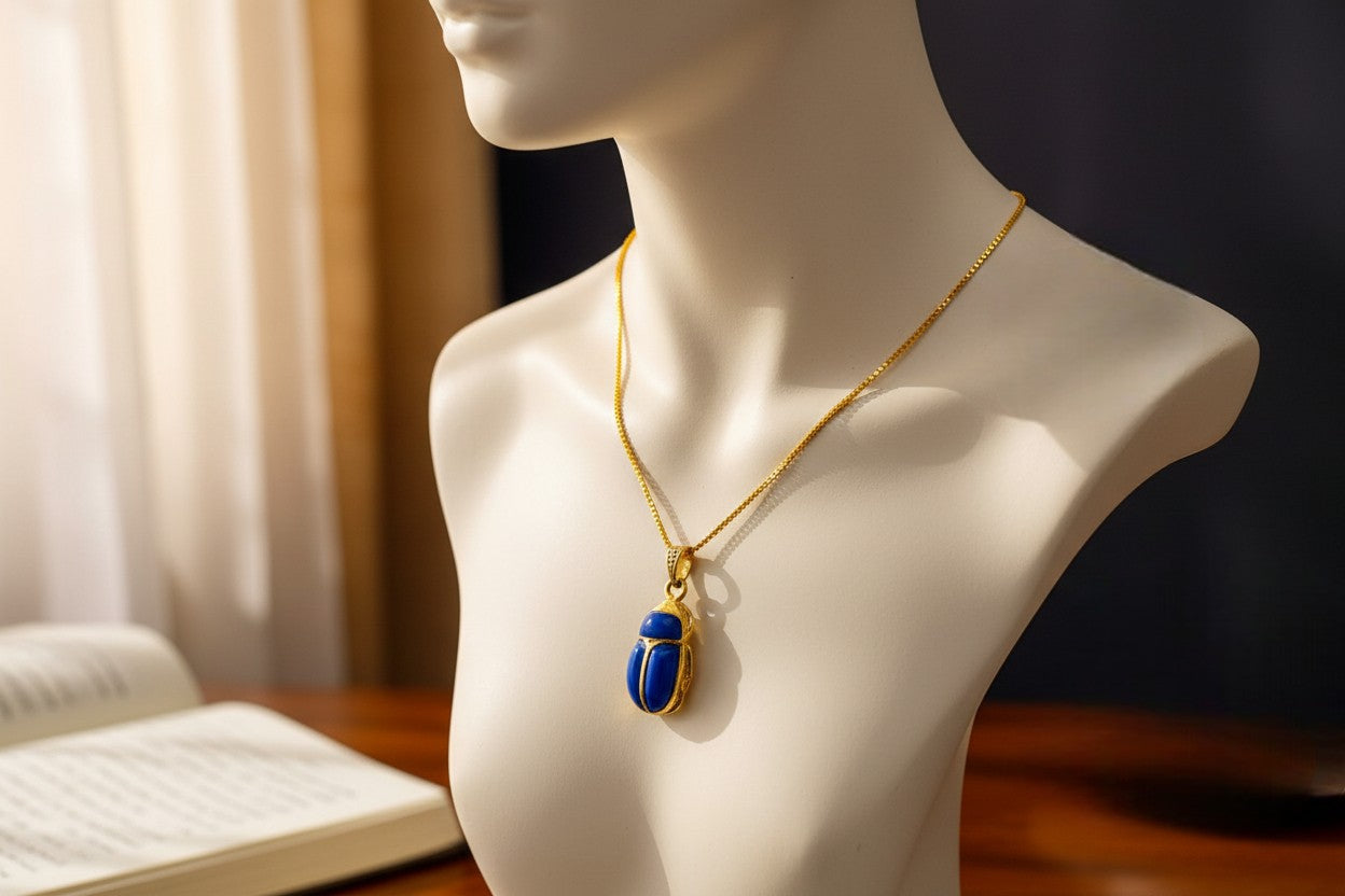 Gold Egyptian Scarab Lapis Lazuli Necklace, Handmade Talisman Divine Pendant