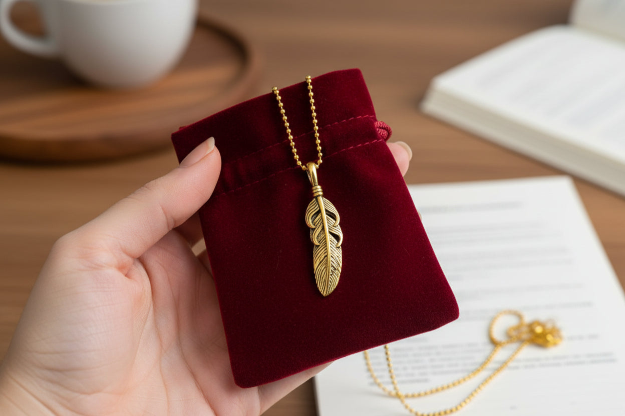 Gold Feather Pendant Necklace, Dainty Egyptian Revival Talisman
