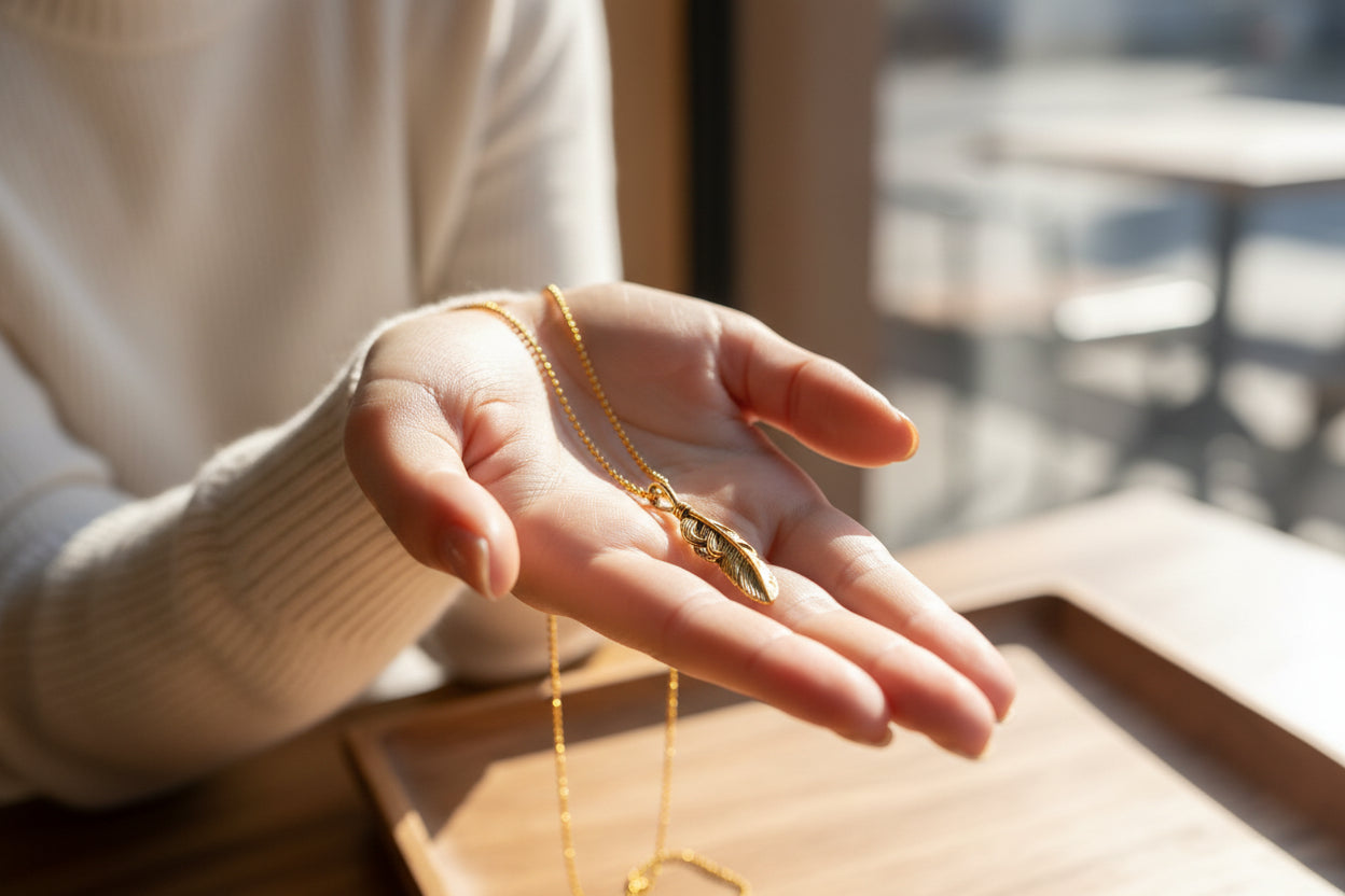 Gold Feather Pendant Necklace, Dainty Egyptian Revival Talisman