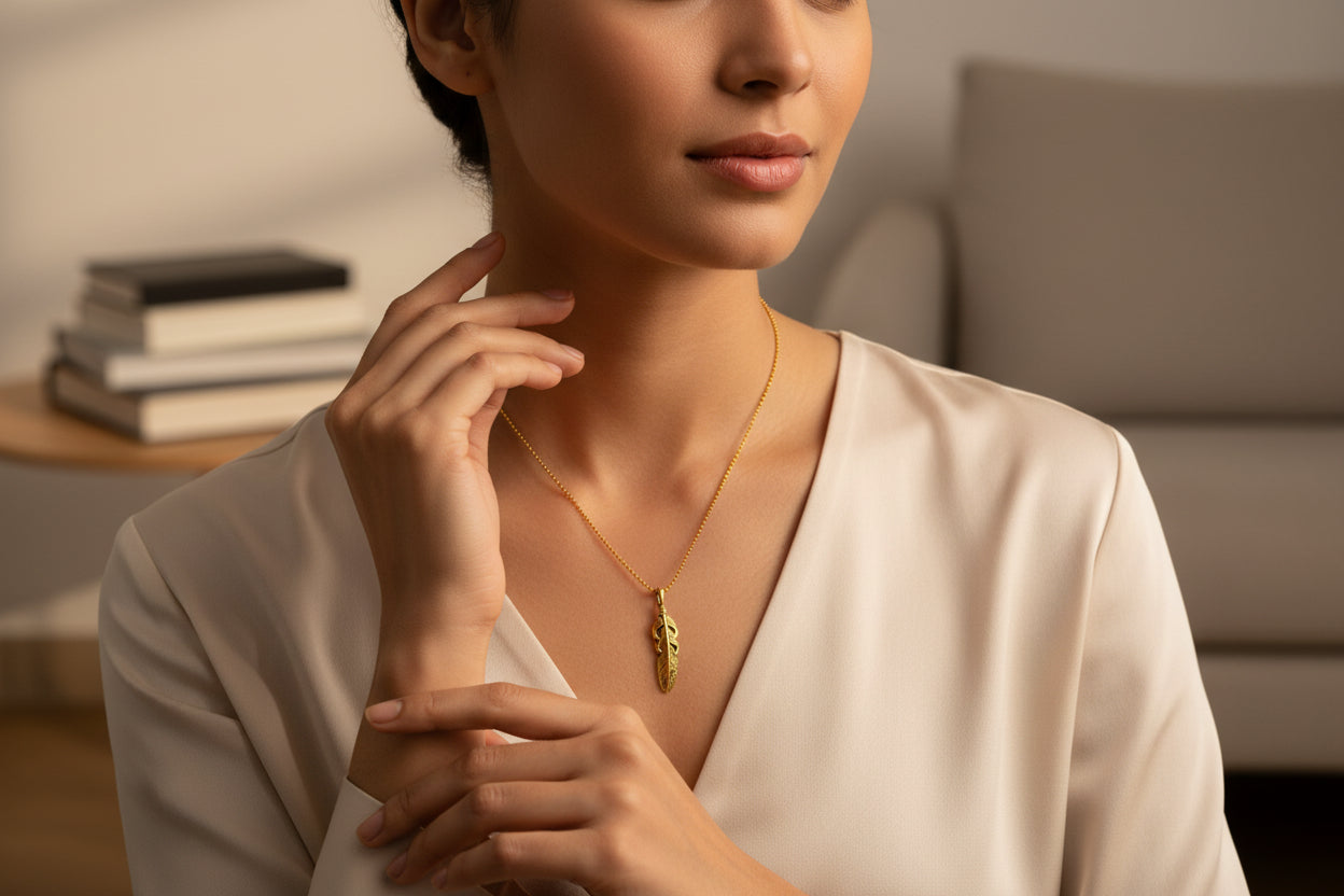 Gold Feather Pendant Necklace, Dainty Egyptian Revival Talisman