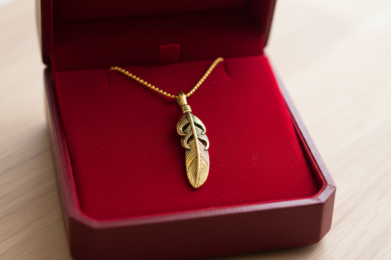 Gold Feather Pendant Necklace, Dainty Egyptian Revival Talisman