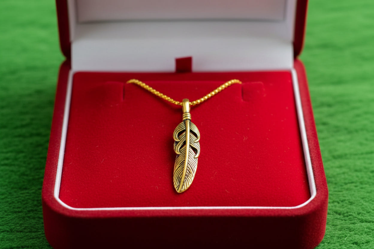 Gold Feather Pendant Necklace, Dainty Egyptian Revival Talisman