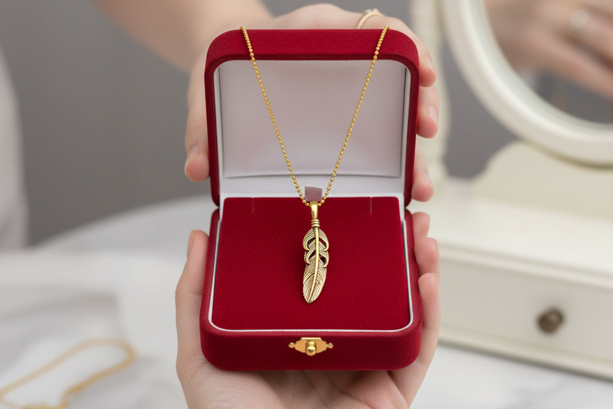 Gold Feather Pendant Necklace, Dainty Egyptian Revival Talisman