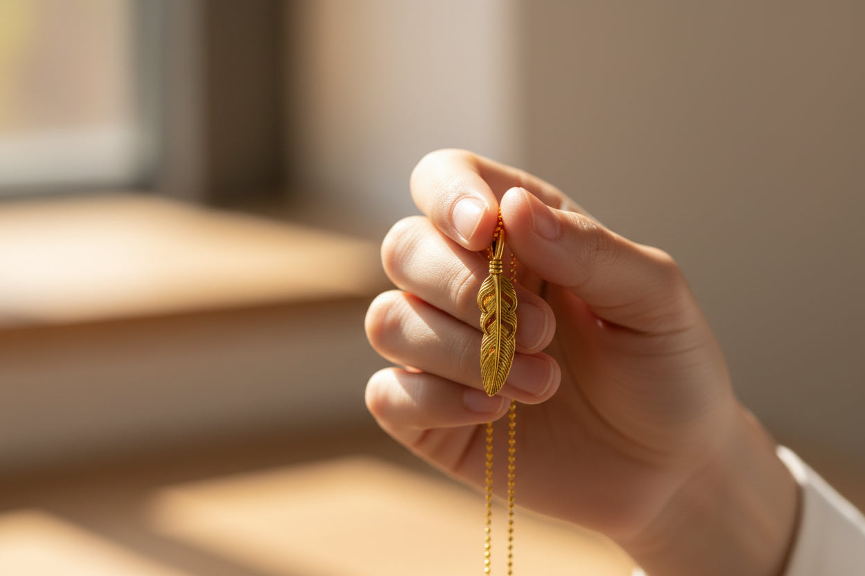 Gold Feather Pendant Necklace, Dainty Egyptian Revival Talisman