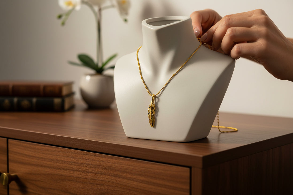 Gold Feather Pendant Necklace, Dainty Egyptian Revival Talisman