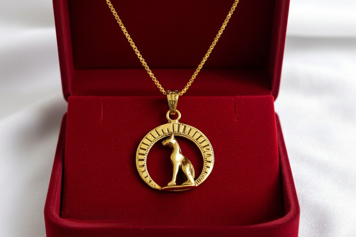 Gold Goddess Bastet Cat Pendant Necklace, Egyptian Talisman Jewelry