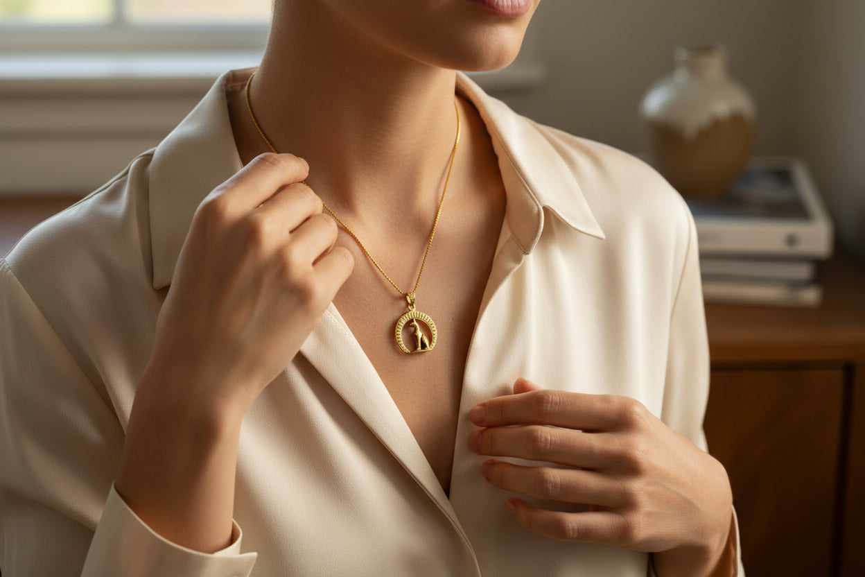 Gold Goddess Bastet Cat Pendant Necklace, Egyptian Talisman Jewelry