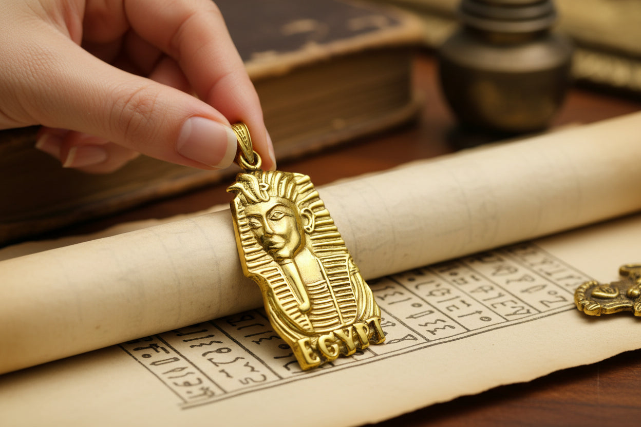 Gold Pharaoh Mask Pendant, Egyptian Talisman Necklace