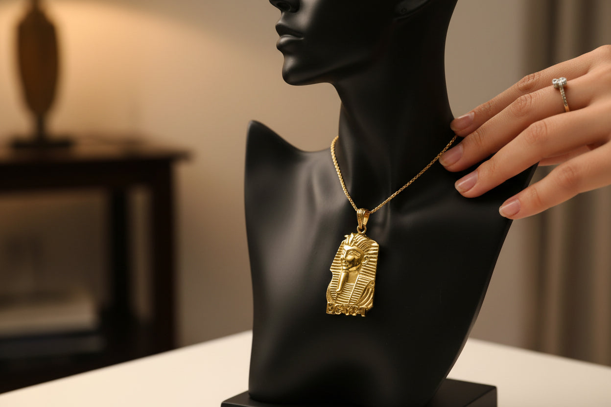 Gold Pharaoh Mask Pendant, Egyptian Talisman Necklace
