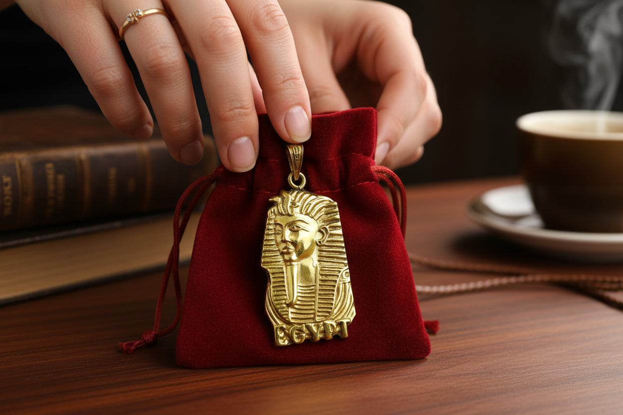 Gold Pharaoh Mask Pendant, Egyptian Talisman Necklace
