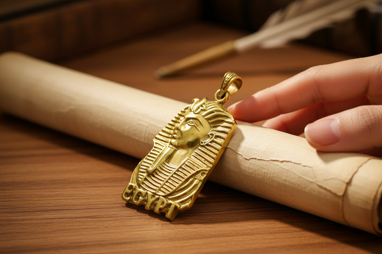 Gold Pharaoh Mask Pendant, Egyptian Talisman Necklace