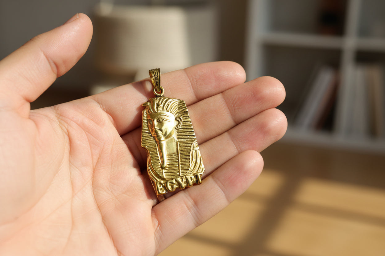 Gold Pharaoh Mask Pendant, Egyptian Talisman Necklace