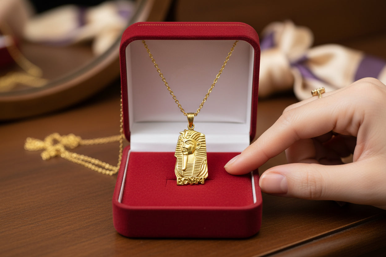 Gold Pharaoh Mask Pendant, Egyptian Talisman Necklace