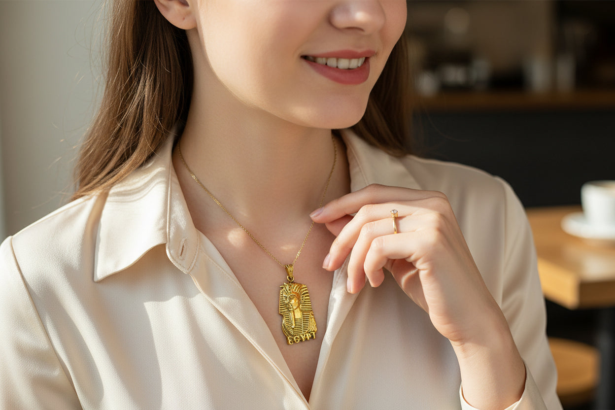 Gold Pharaoh Mask Pendant, Egyptian Talisman Necklace