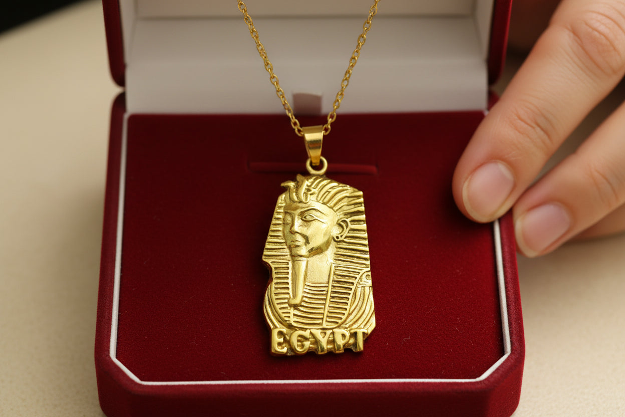 Gold Pharaoh Mask Pendant, Egyptian Talisman Necklace