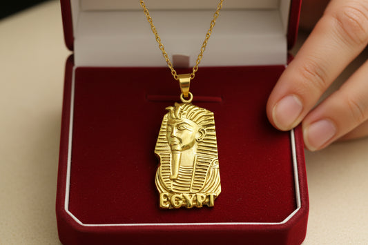 Gold Pharaoh Mask Pendant, Egyptian Talisman Necklace