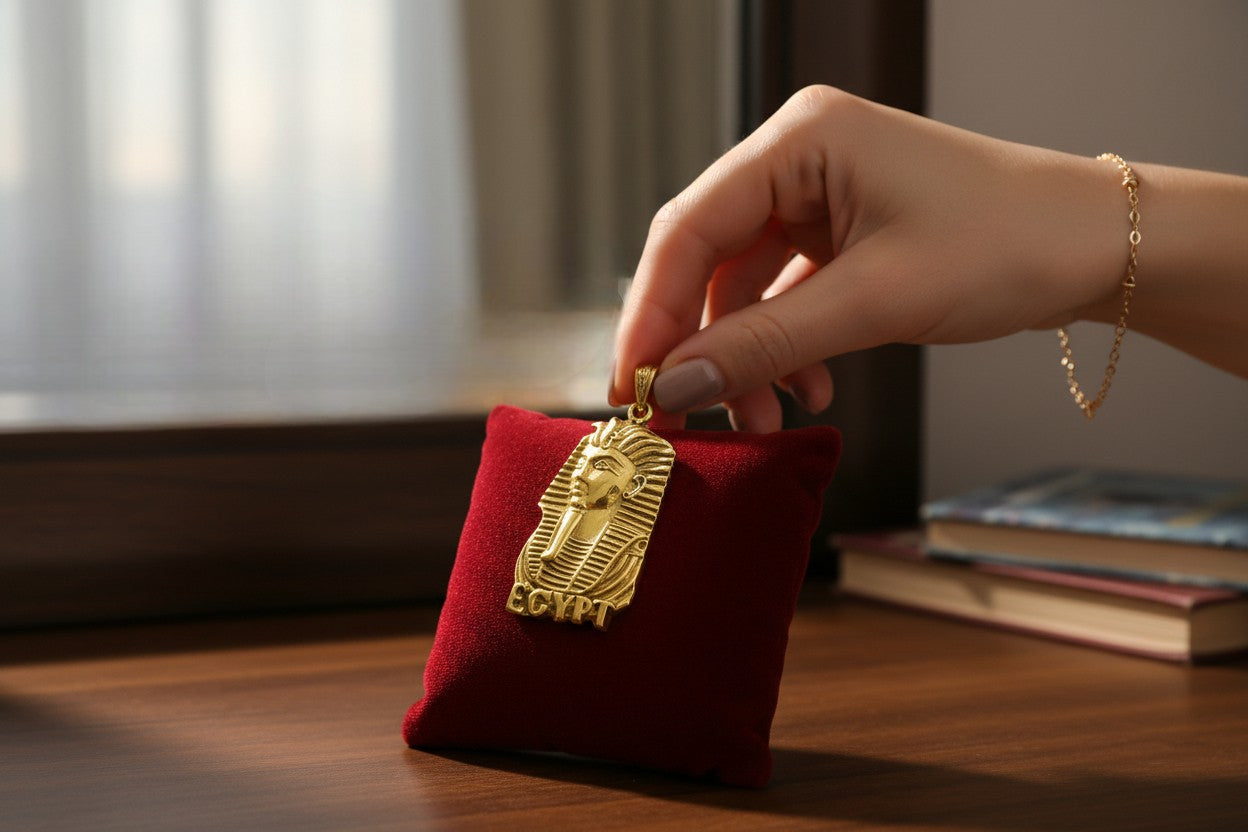Gold Pharaoh Mask Pendant, Egyptian Talisman Necklace