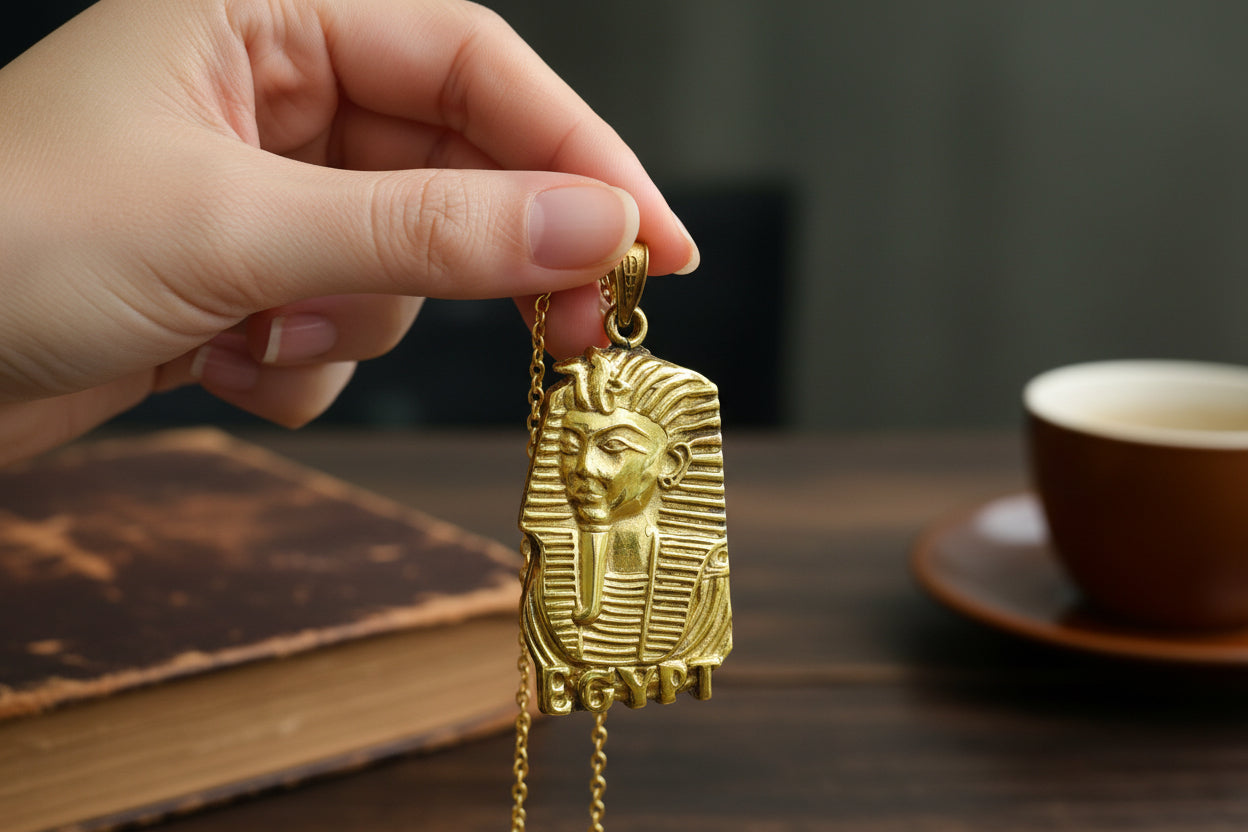 Gold Pharaoh Mask Pendant, Egyptian Talisman Necklace