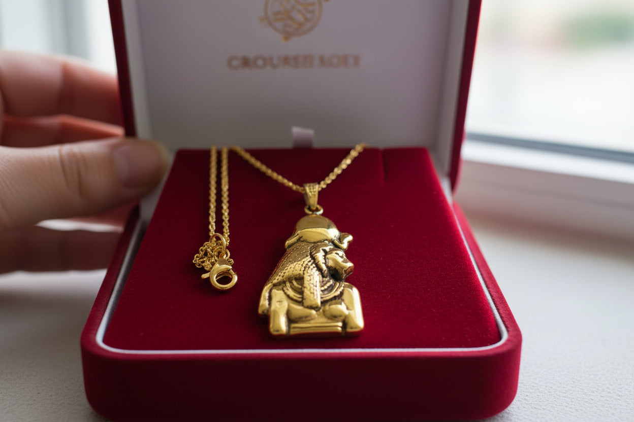 Gold Sekhmet Pendant, Egyptian Revival Necklace