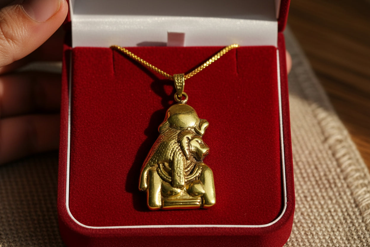 Gold Sekhmet Pendant, Egyptian Revival Necklace