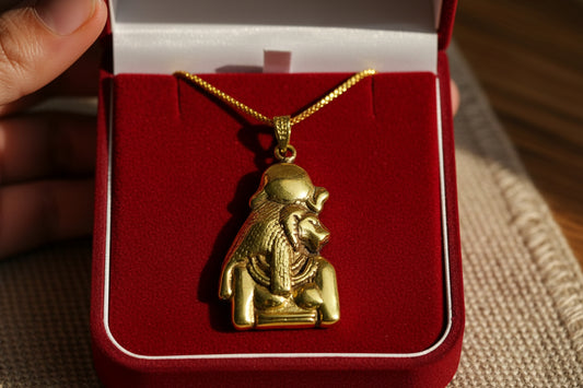 Gold Sekhmet Pendant, Egyptian Revival Necklace